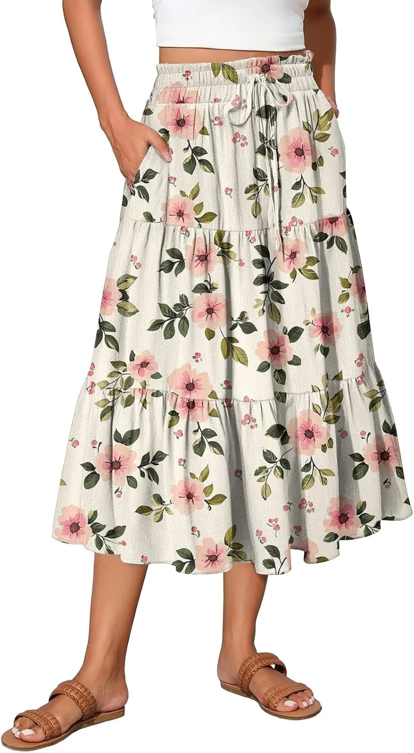 Womens Maxi Skirt Drawstring High Waisted Summer Skirts Lightweight Tiered Flowy Floral Pleated Skirts with Pockets