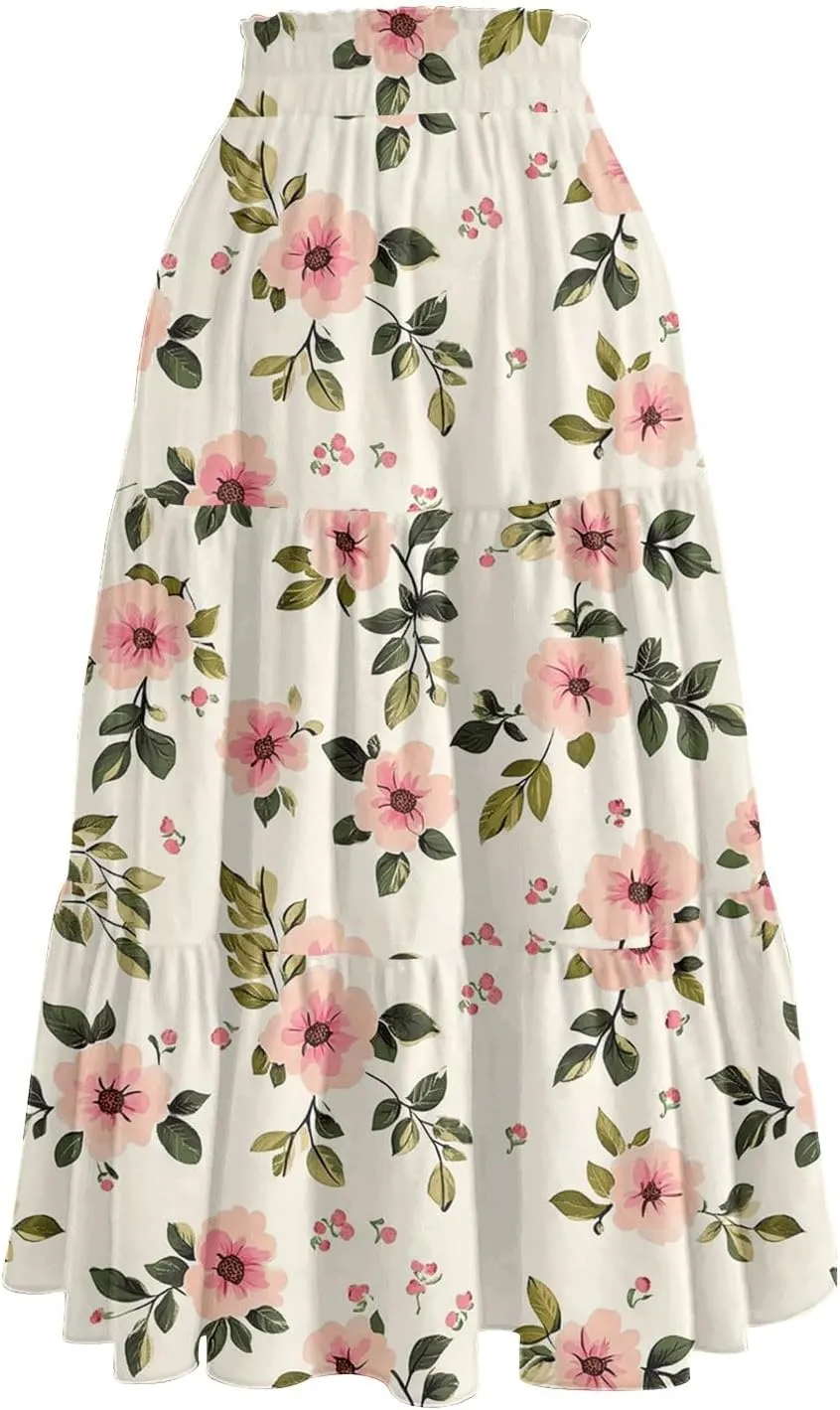Womens Maxi Skirt Drawstring High Waisted Summer Skirts Lightweight Tiered Flowy Floral Pleated Skirts with Pockets