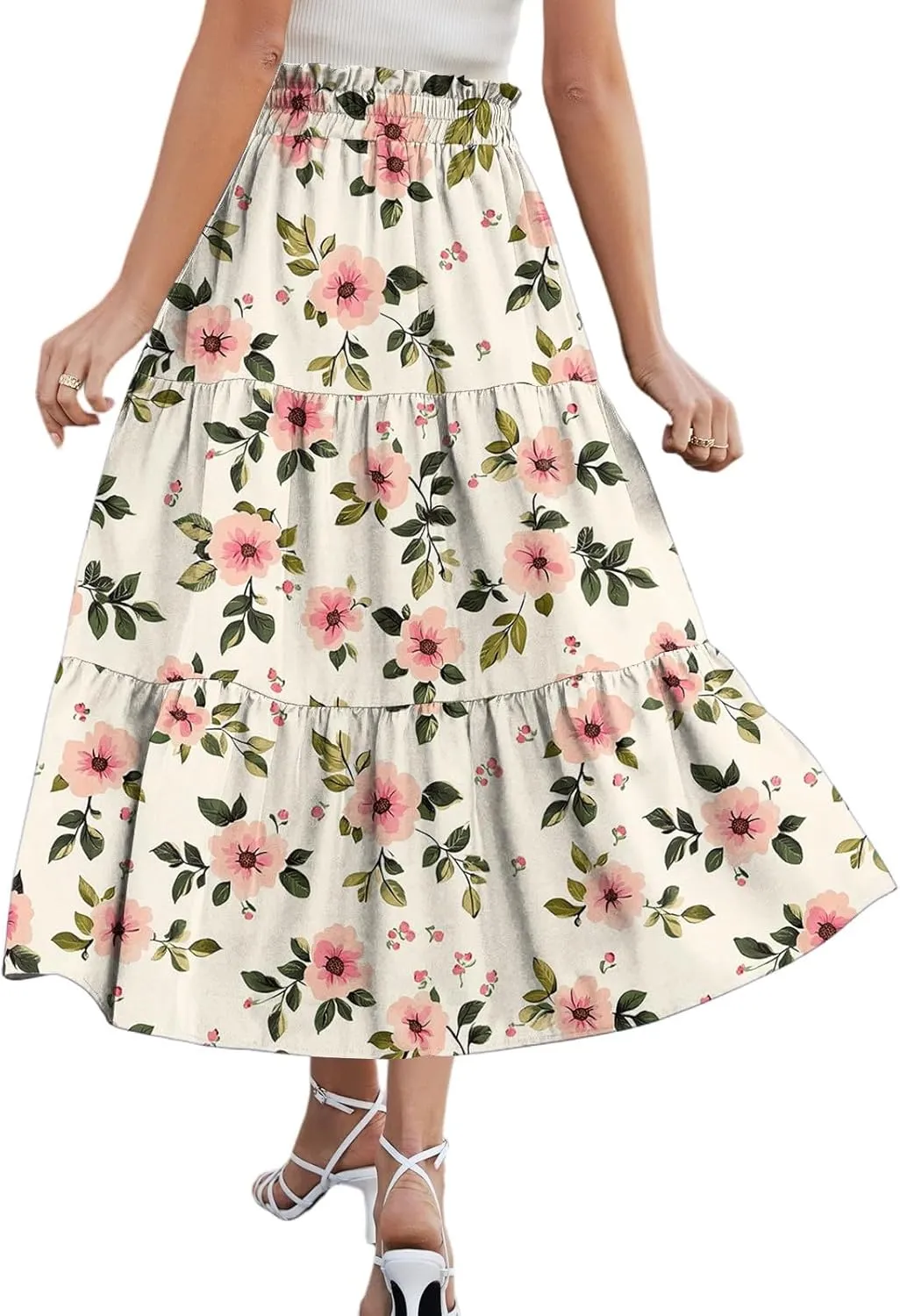 Womens Maxi Skirt Drawstring High Waisted Summer Skirts Lightweight Tiered Flowy Floral Pleated Skirts with Pockets
