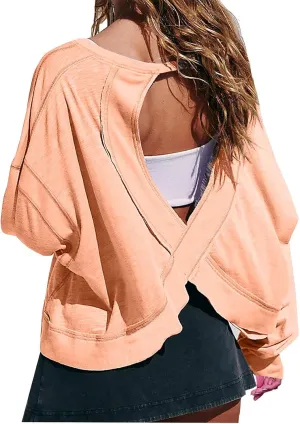 Womens Open Back Workout Tops Sexy Backless Long Sleeve Athletic Shirt Running Crop Top Gym Yoga Tee