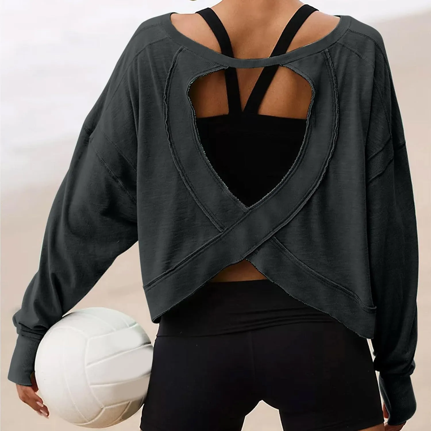 Womens Open Back Workout Tshirts Casual Solid Backless Sweatshirt Trendy Round Neck Pullover Top Loose Crop Gym Tee