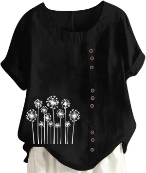 Women's Oversized Cotton Linen Shirts Summer Casual Boho Floral Print Short Sleeve Blouse Loose Crewneck Tunic Tops