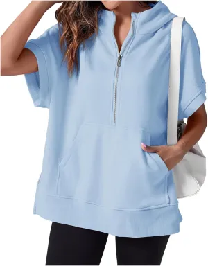 Womens Oversized Half Zip Hoodies Short Sleeve Sweatshirts Casual Loose Fit Shirts Summer Pullover Tops with Pockets