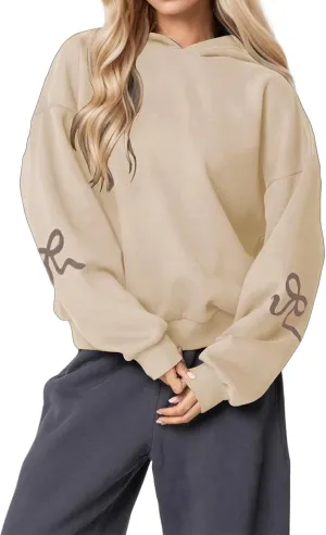 Women's Oversized Hoodies Bow Trim Print Fleeced Hooded Sweatshirts Oversized Long Sleeve Drop Shoulder Pullover Top