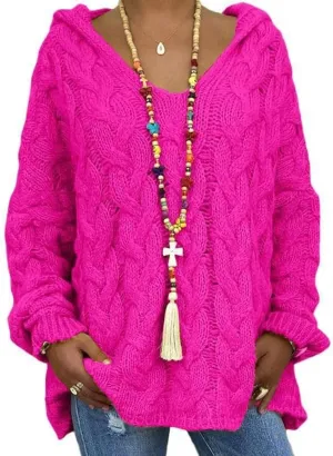 Women's Oversized Solid Color V-Neck Chunky Cable Knit Pullover Hooded Sweaters Winter Casual Loose Color Hoodie