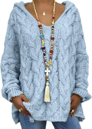 Women's Oversized Solid Color V-Neck Chunky Cable Knit Pullover Hooded Sweaters Winter Casual Loose Color Hoodie