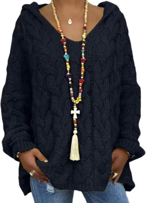 Women's Oversized Solid Color V-Neck Chunky Cable Knit Pullover Hooded Sweaters Winter Casual Loose Color Hoodie