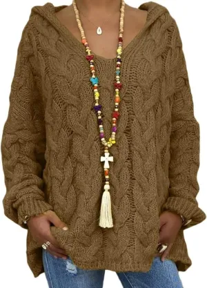 Women's Oversized Solid Color V-Neck Chunky Cable Knit Pullover Hooded Sweaters Winter Casual Loose Color Hoodie