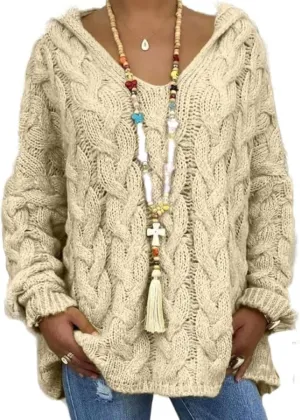 Women's Oversized Solid Color V-Neck Chunky Cable Knit Pullover Hooded Sweaters Winter Casual Loose Color Hoodie