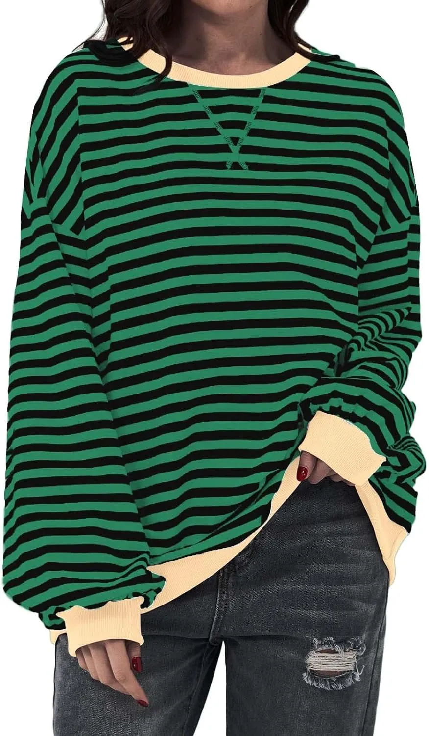 Womens Oversized Sweatshirts Striped Color Block Crewneck Long Sleeve Loose Fit Pullerover T Shirts Autumn Casual Tops