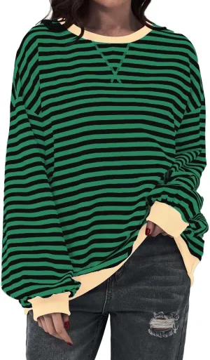 Womens Oversized Sweatshirts Striped Color Block Crewneck Long Sleeve Loose Fit Pullerover T Shirts Autumn Casual Tops