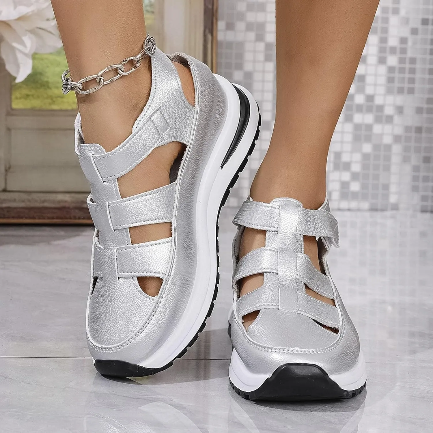 Women's Platform Sandals Hollow-Out Closed Toe Ankle Strap Wedge Sandal Height-Boosting Thick Sole Summer Casual Comfortable Walking Shoes
