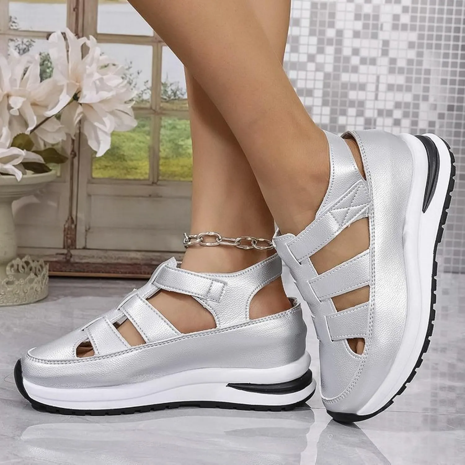 Women's Platform Sandals Hollow-Out Closed Toe Ankle Strap Wedge Sandal Height-Boosting Thick Sole Summer Casual Comfortable Walking Shoes