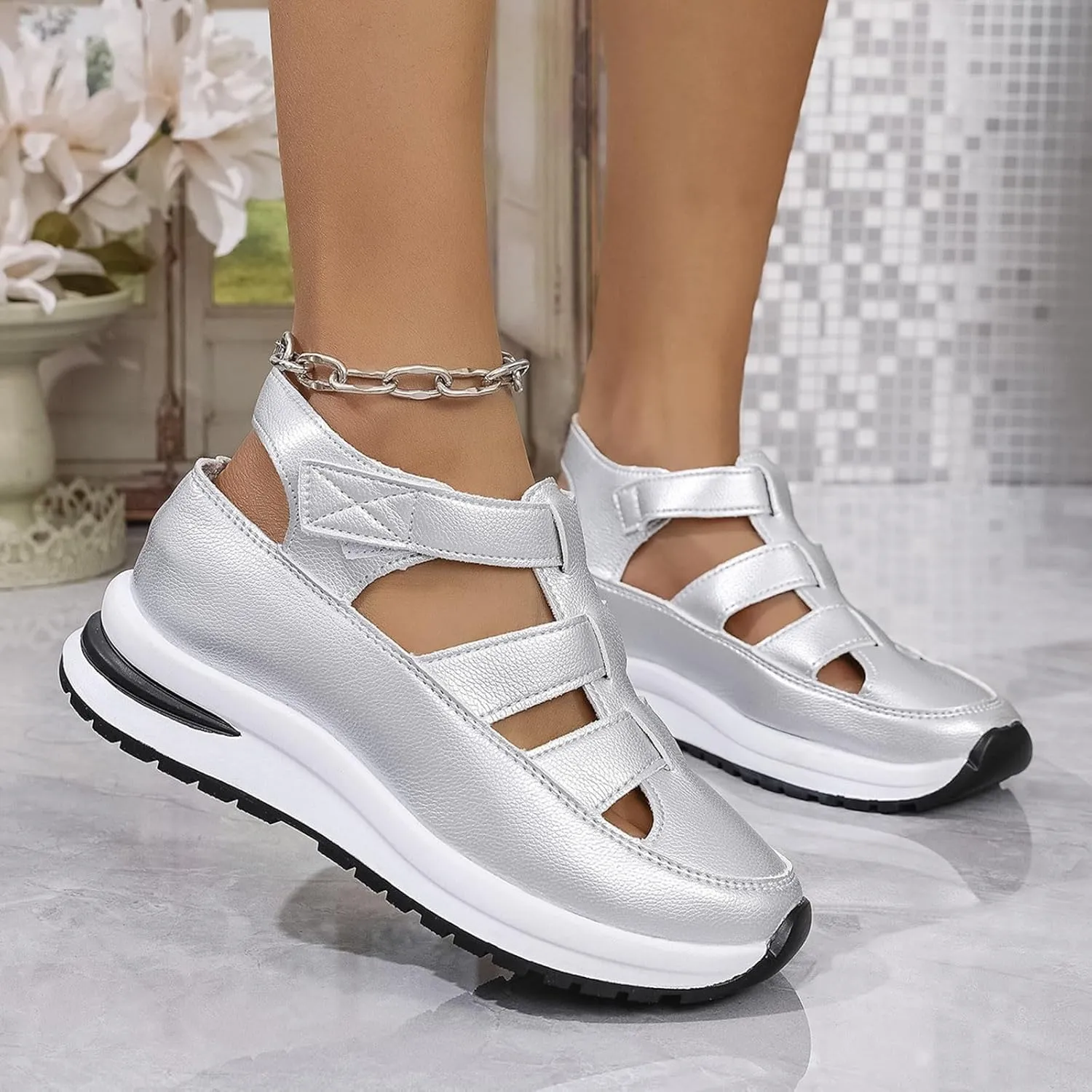 Women's Platform Sandals Hollow-Out Closed Toe Ankle Strap Wedge Sandal Height-Boosting Thick Sole Summer Casual Comfortable Walking Shoes
