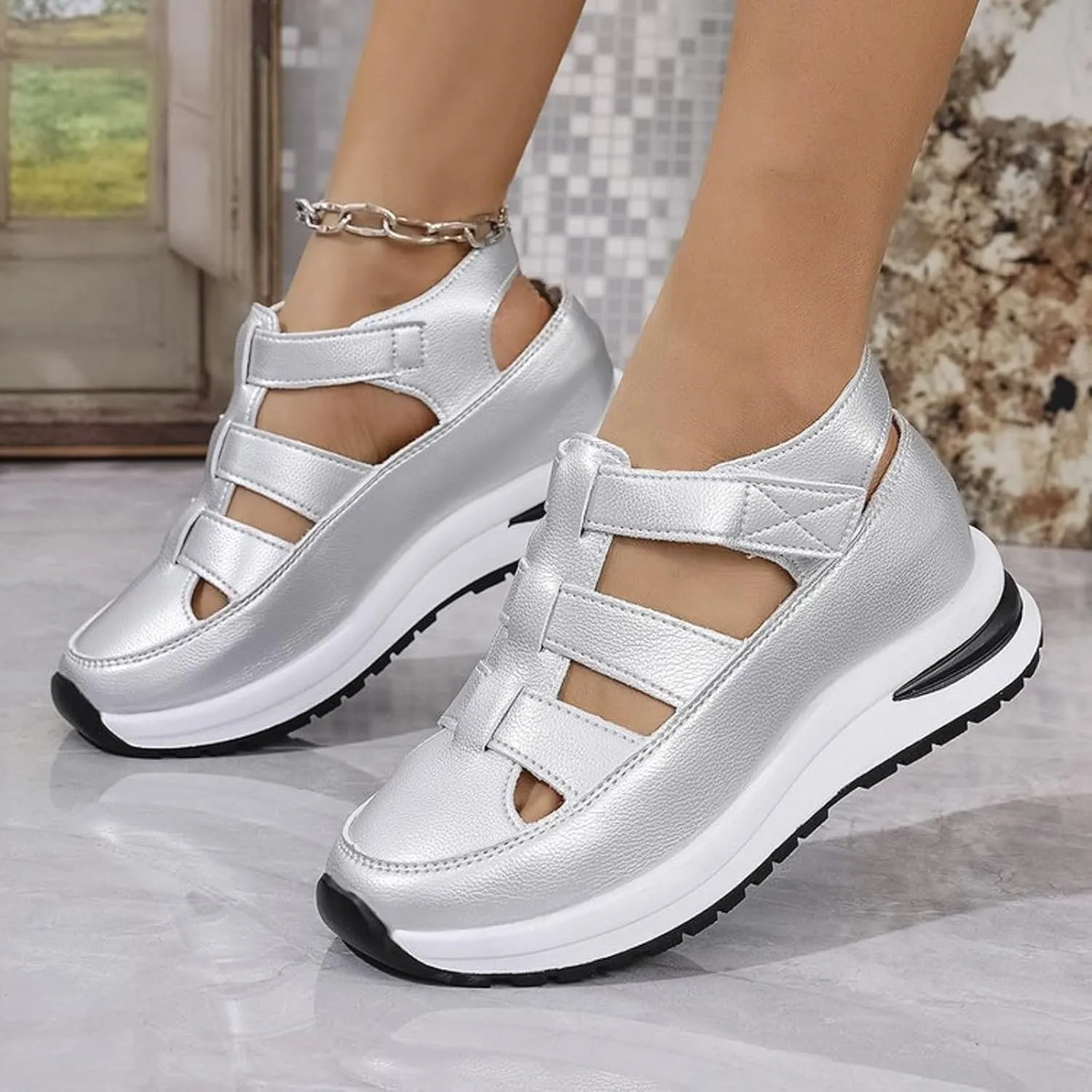 Women's Platform Sandals Hollow-Out Closed Toe Ankle Strap Wedge Sandal Height-Boosting Thick Sole Summer Casual Comfortable Walking Shoes
