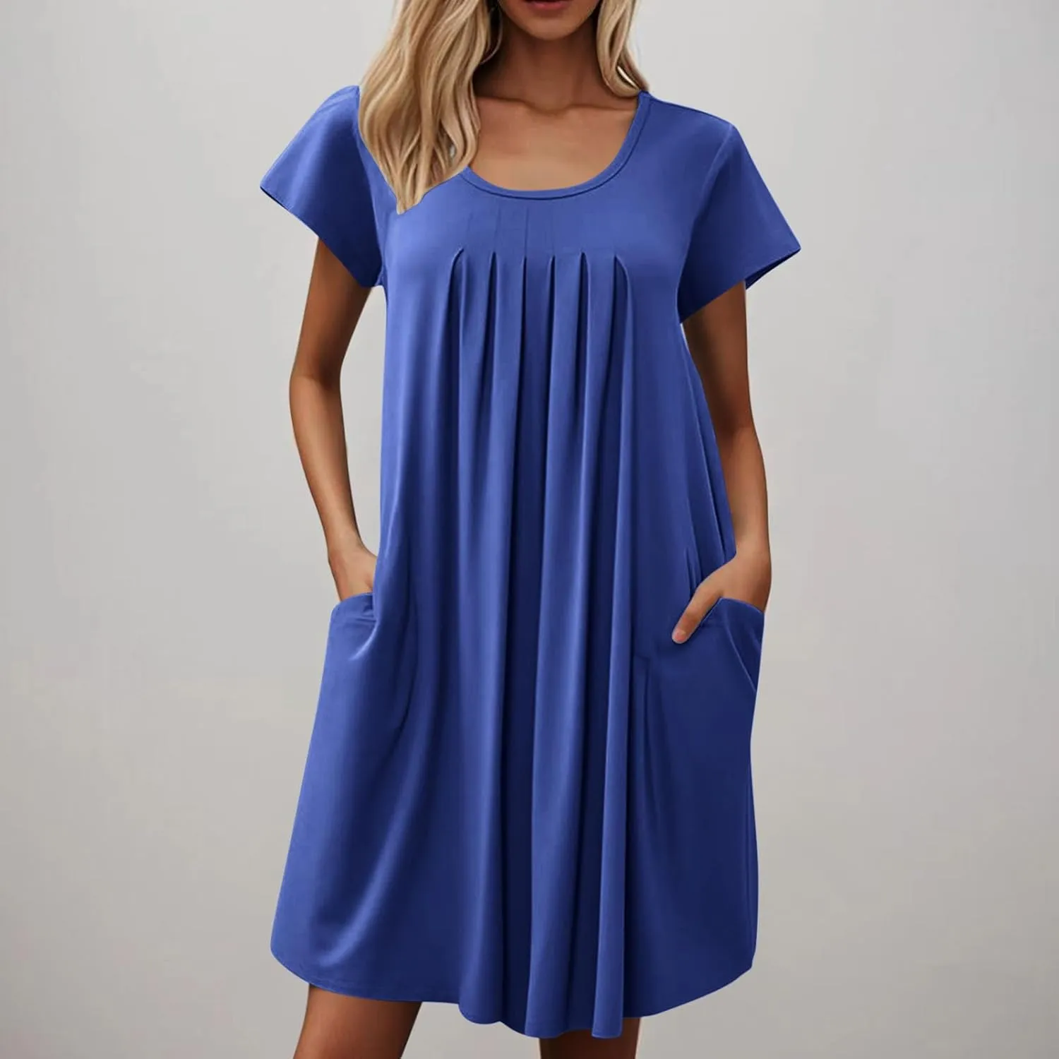 Women's Pleated Front Summer Dresses Casual Short Sleeve T Shirts Nightgowns Mini Comfy Sleep Dress with Pockets
