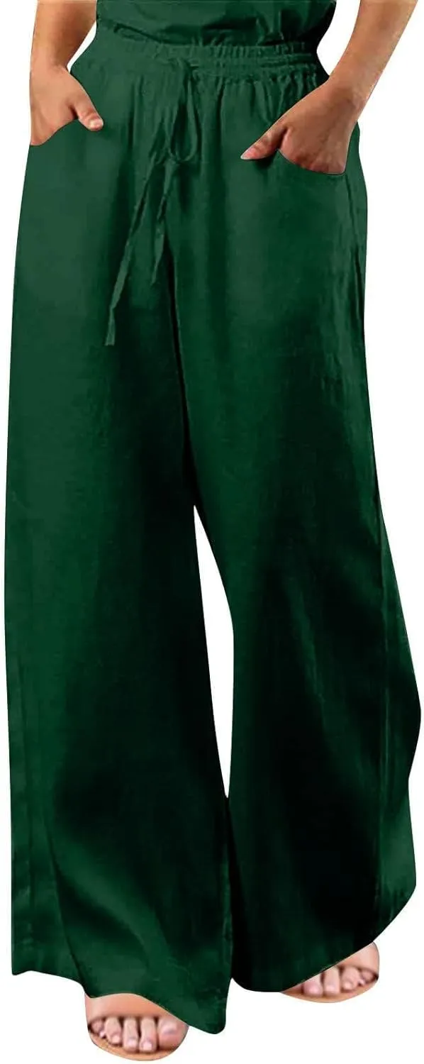 Womens Plus Size Linen Pants Wide Leg Palazzo Pant Drawstring High Elastic Waist Flowy Culottes Trousers with Pockets