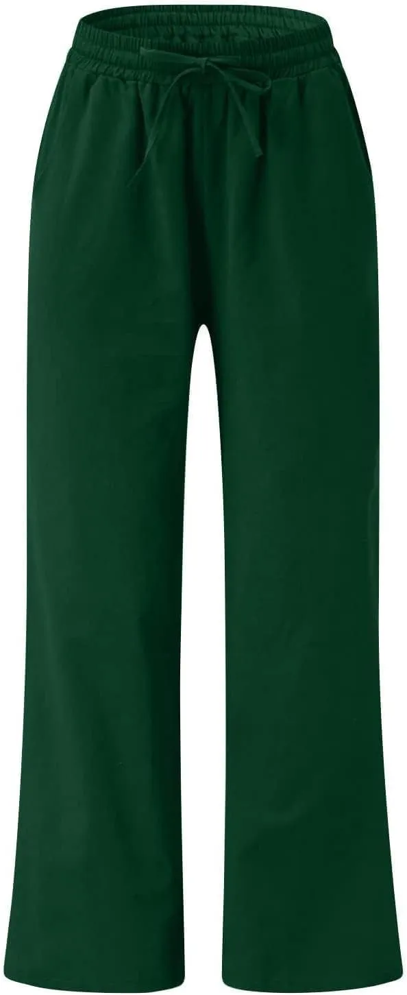 Womens Plus Size Linen Pants Wide Leg Palazzo Pant Drawstring High Elastic Waist Flowy Culottes Trousers with Pockets