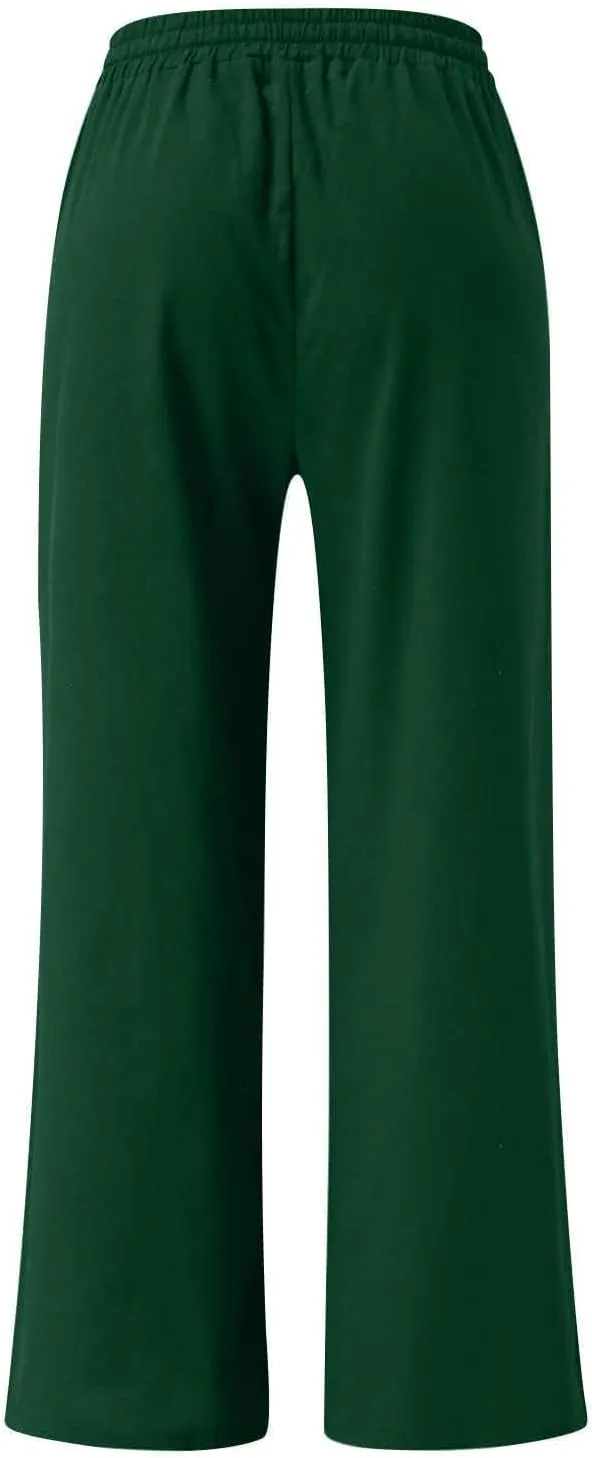 Womens Plus Size Linen Pants Wide Leg Palazzo Pant Drawstring High Elastic Waist Flowy Culottes Trousers with Pockets