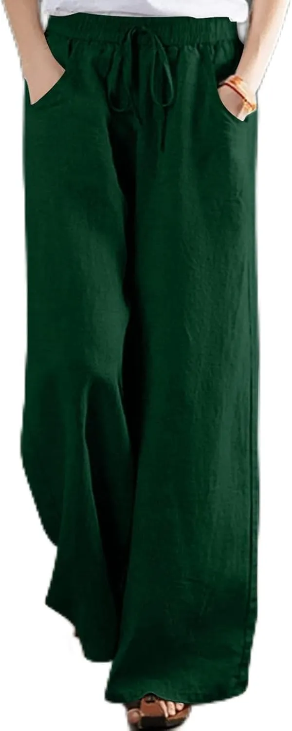 Womens Plus Size Linen Pants Wide Leg Palazzo Pant Drawstring High Elastic Waist Flowy Culottes Trousers with Pockets