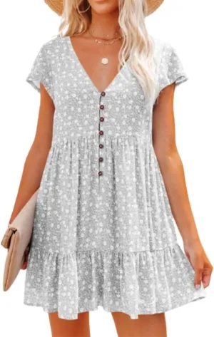 Womens Polka Dots Floral Dresses Boho Button V Neck Short Sleeve Mini Dress Swing Flowy Ruffle Short Summer Dress