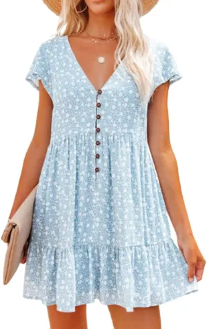 Womens Polka Dots Floral Dresses Boho Button V Neck Short Sleeve Mini Dress Swing Flowy Ruffle Short Summer Dress