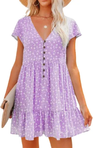Womens Polka Dots Floral Dresses Boho Button V Neck Short Sleeve Mini Dress Swing Flowy Ruffle Short Summer Dress