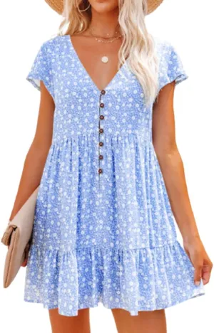 Womens Polka Dots Floral Dresses Boho Button V Neck Short Sleeve Mini Dress Swing Flowy Ruffle Short Summer Dress