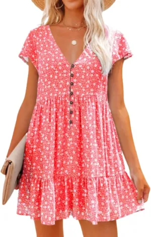 Womens Polka Dots Floral Dresses Boho Button V Neck Short Sleeve Mini Dress Swing Flowy Ruffle Short Summer Dress