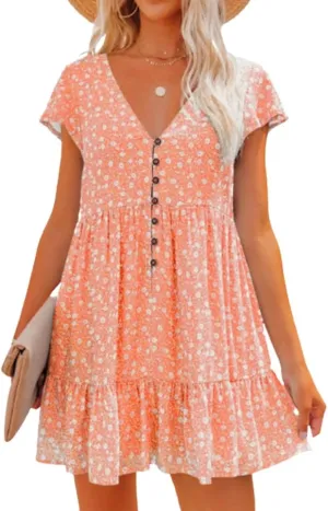 Womens Polka Dots Floral Dresses Boho Button V Neck Short Sleeve Mini Dress Swing Flowy Ruffle Short Summer Dress