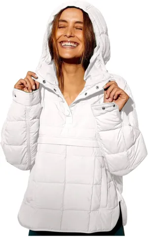 Women's Quilted Pullover Puffer Jacket Hooded Oversize Coat Tops Winter Warm Padded Hoodies Outwear with Pockets