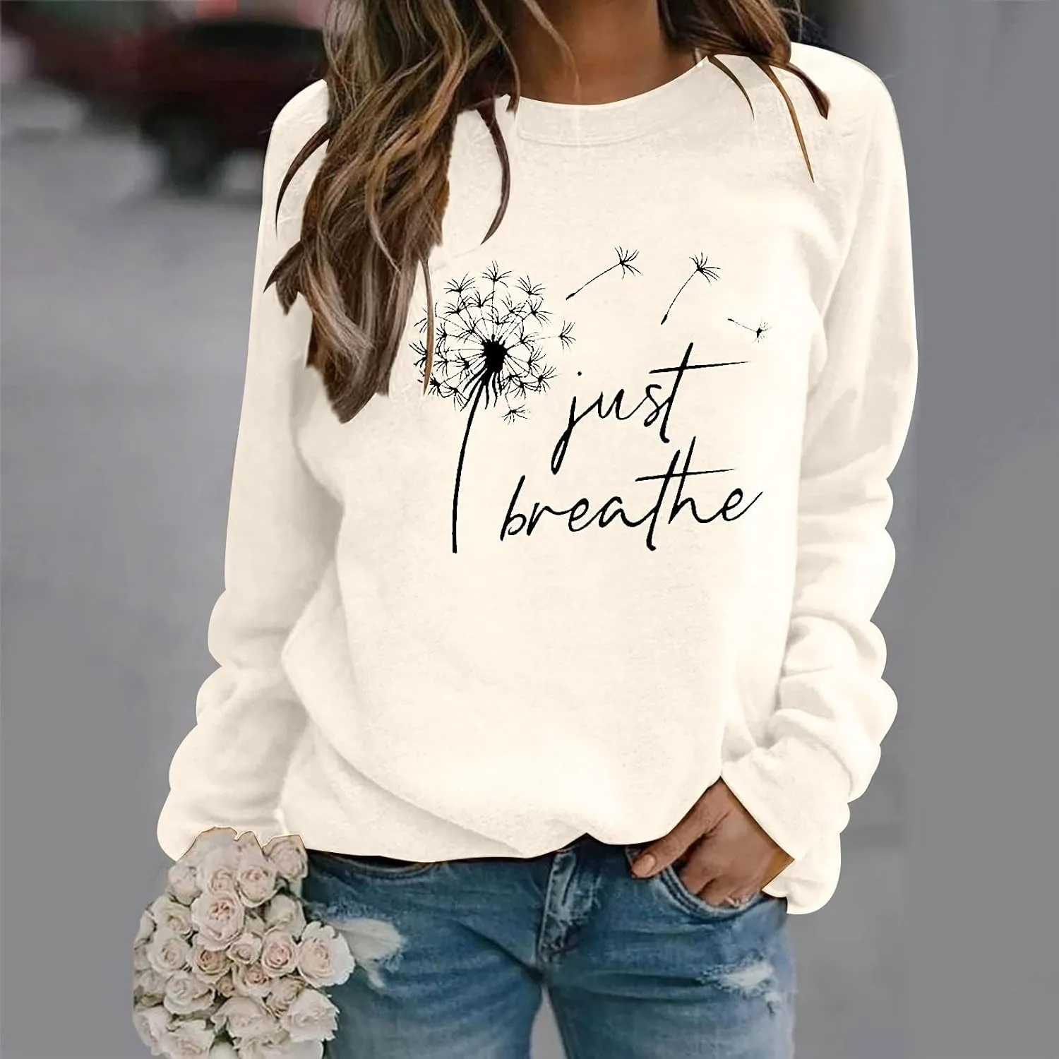 Womens Round Neck Sweatshirts Just Breathe Letter Print Dandelion Graphic Pullover Long Sleeve Casual Sweatshirt Tops