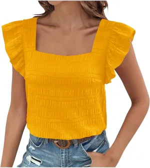 Womens Ruffle Cap Sleeve Tops Petite Crop Square Neck Blouses Dressy Casual Summer Daily T Shirts Going Out Tunic