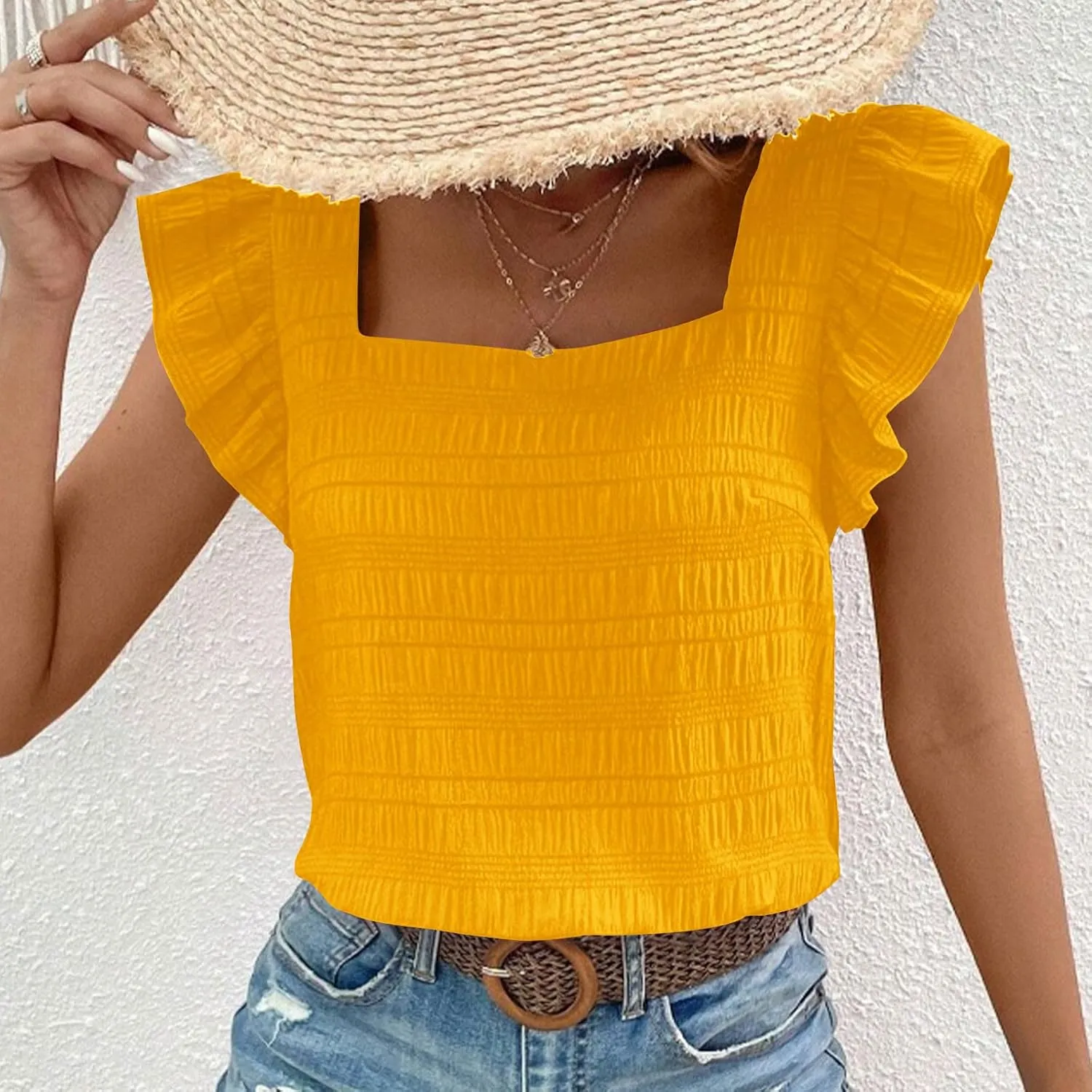 Womens Ruffle Cap Sleeve Tops Petite Crop Square Neck Blouses Dressy Casual Summer Daily T Shirts Going Out Tunic