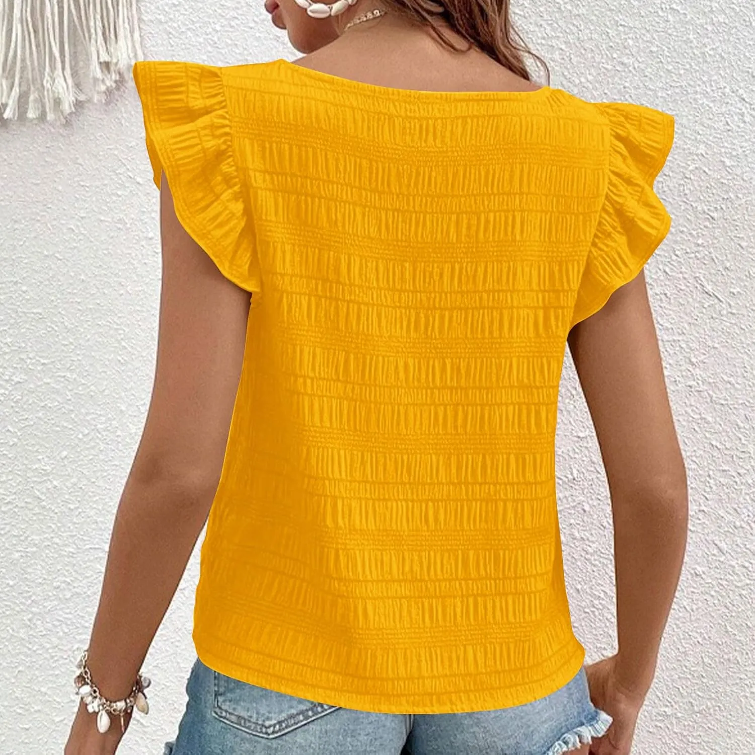 Womens Ruffle Cap Sleeve Tops Petite Crop Square Neck Blouses Dressy Casual Summer Daily T Shirts Going Out Tunic