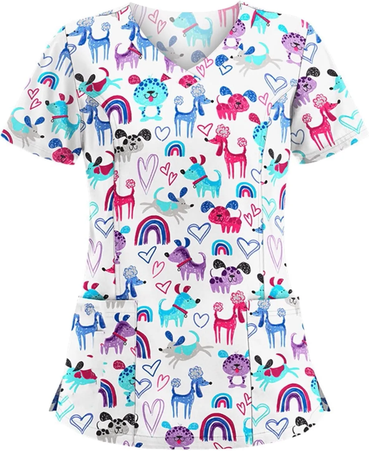 Womens Scrub Tops Fashion Printed Work Uniform T-Shirt V Neck Short Sleeve Nurse Tops Tunic Blouse with Pocket