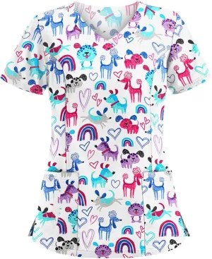 Womens Scrub Tops Fashion Printed Work Uniform T-Shirt V Neck Short Sleeve Nurse Tops Tunic Blouse with Pocket
