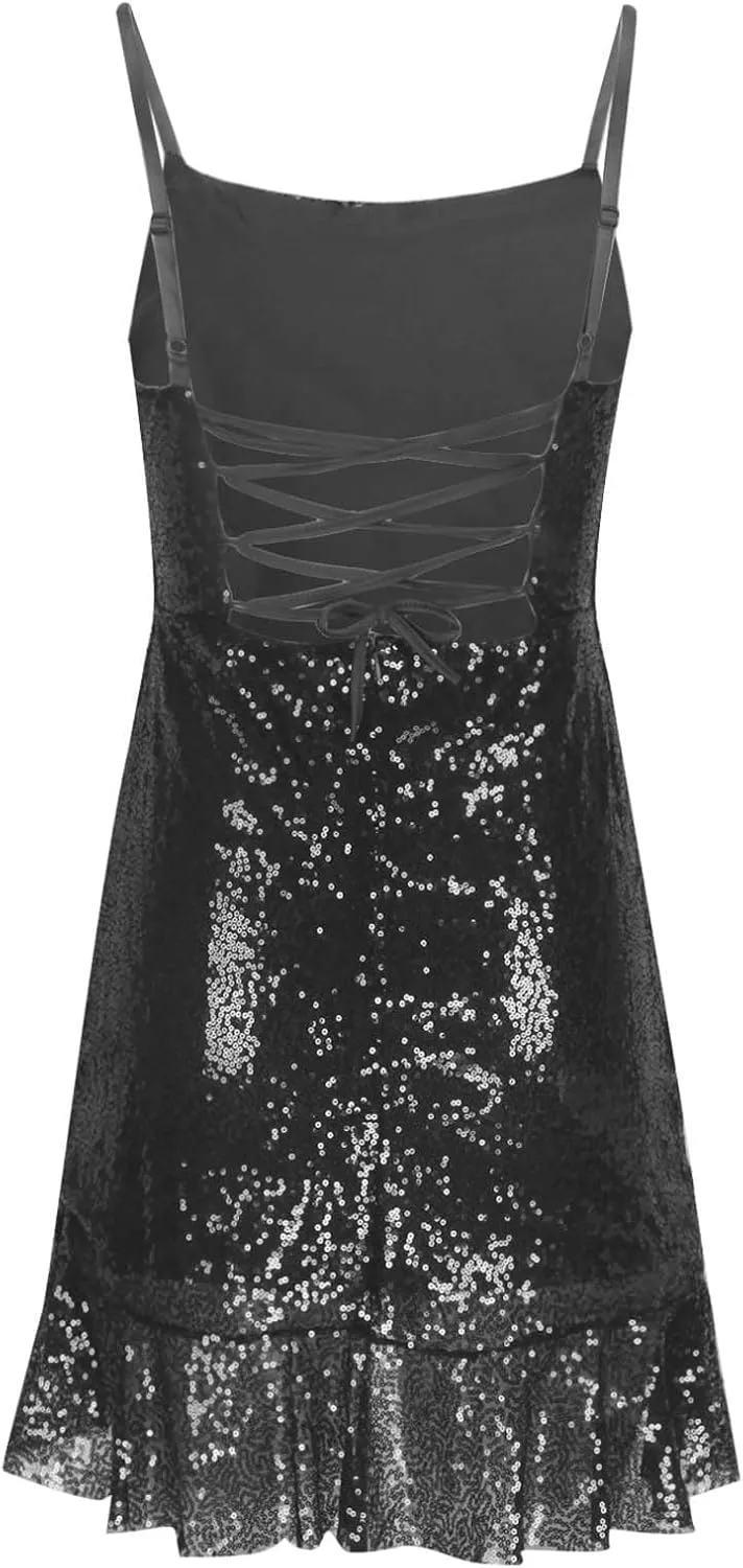 Womens Sequin Dress Spaghetti Strap Criss Cross Strappy Backless Mini Dresses Summer Sexy Ruffle Swing Flowy Dress