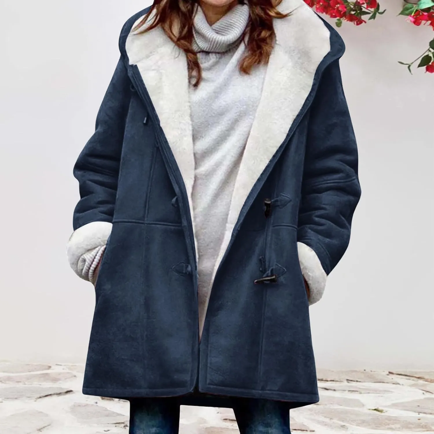 Womens Sherpa Lined Jackets Plus Size Winter Coats Faux Suede Pea Coat Warm Fleece Parka Outerwear