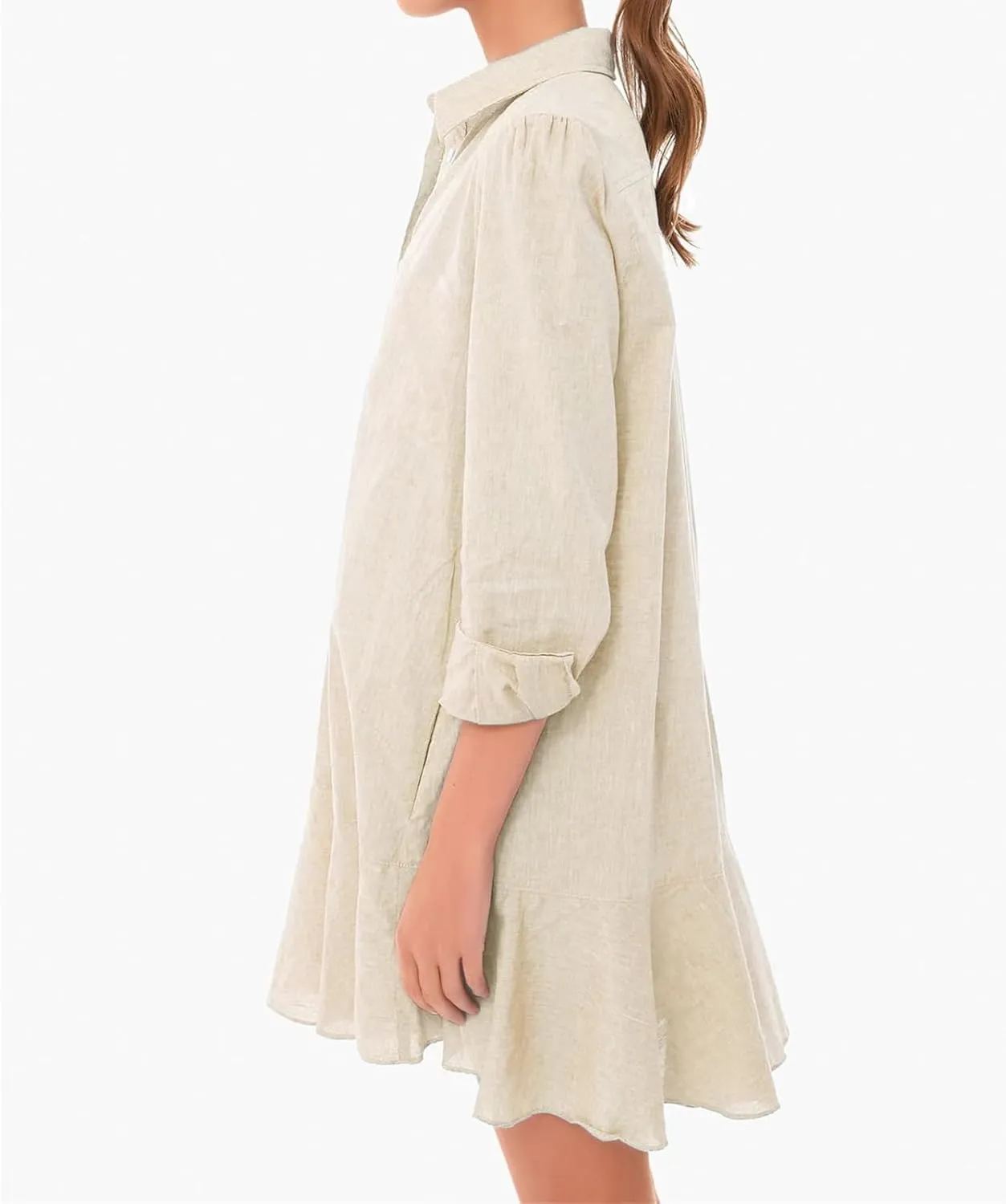 Women's Shirt Dress Lapel Long Sleeve Button Down Mini Dresses Solid Flowy Ruffle Hem Swing Summer Loose Dress