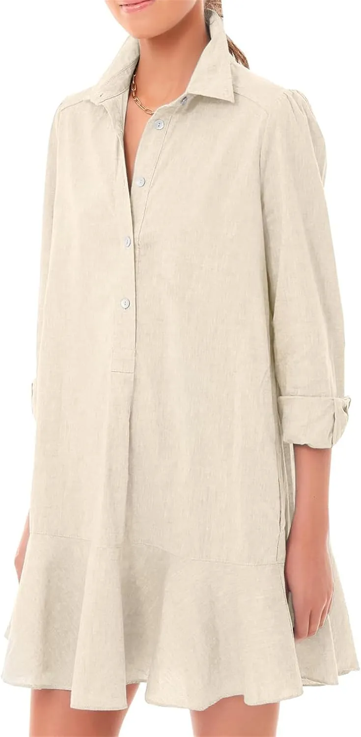 Women's Shirt Dress Lapel Long Sleeve Button Down Mini Dresses Solid Flowy Ruffle Hem Swing Summer Loose Dress