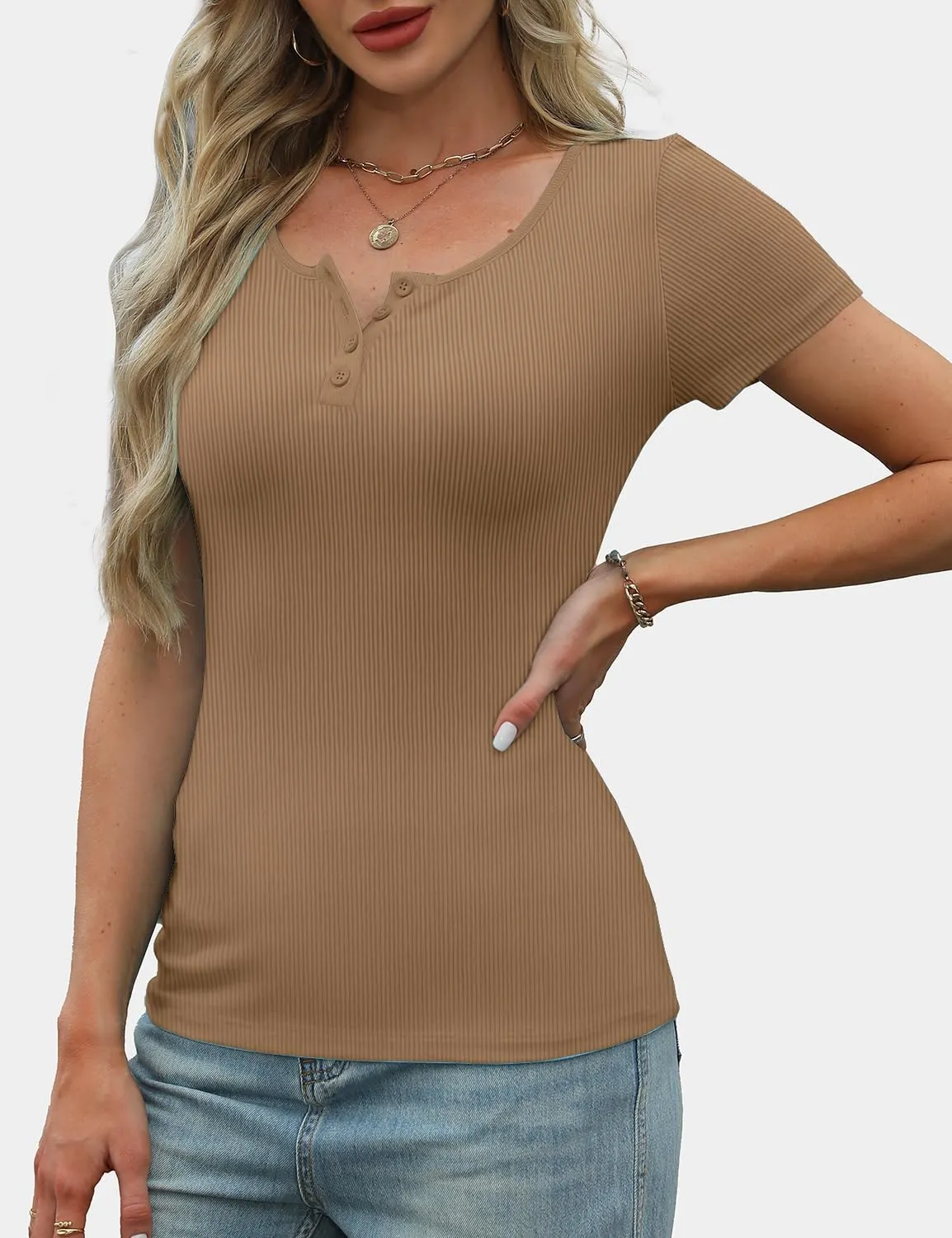 Women's Short Sleeve Tops Ribbed Casual Button Up Henley Shirts Scoop Neck Fitted Cute 2025 Summer Basic Tee Tshirts