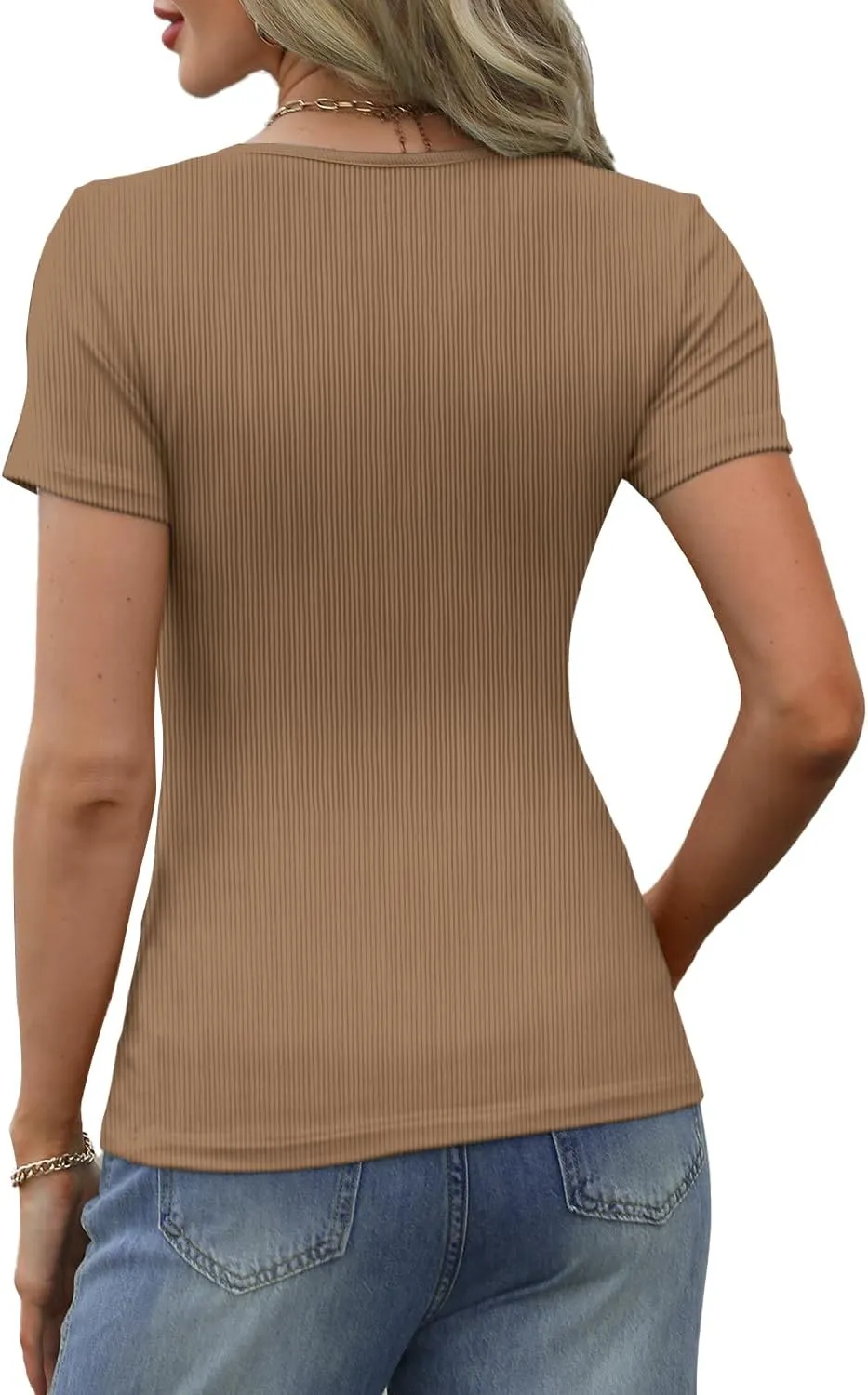 Women's Short Sleeve Tops Ribbed Casual Button Up Henley Shirts Scoop Neck Fitted Cute 2025 Summer Basic Tee Tshirts