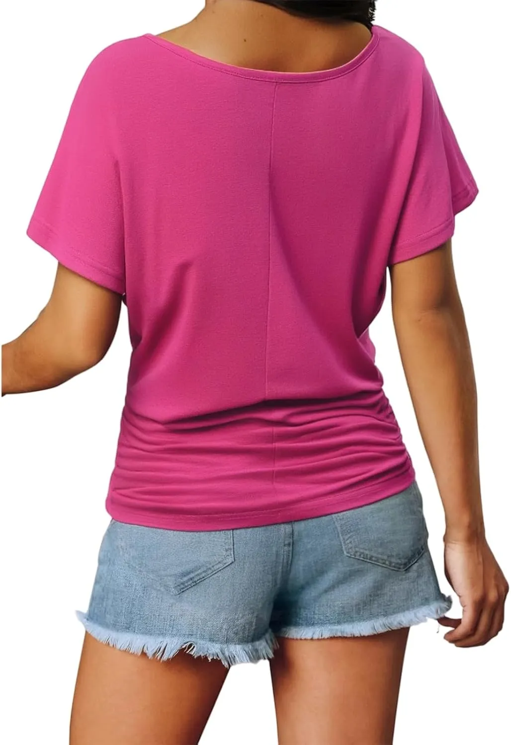 Womens Short Sleeve V Neck Dolman Tops Loose Fit Blouse Shirts Summer Business Tunic T Shirts with Side Shirring
