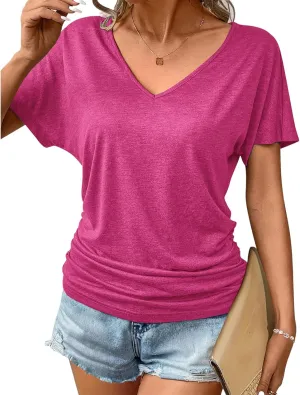 Womens Short Sleeve V Neck Dolman Tops Loose Fit Blouse Shirts Summer Business Tunic T Shirts with Side Shirring