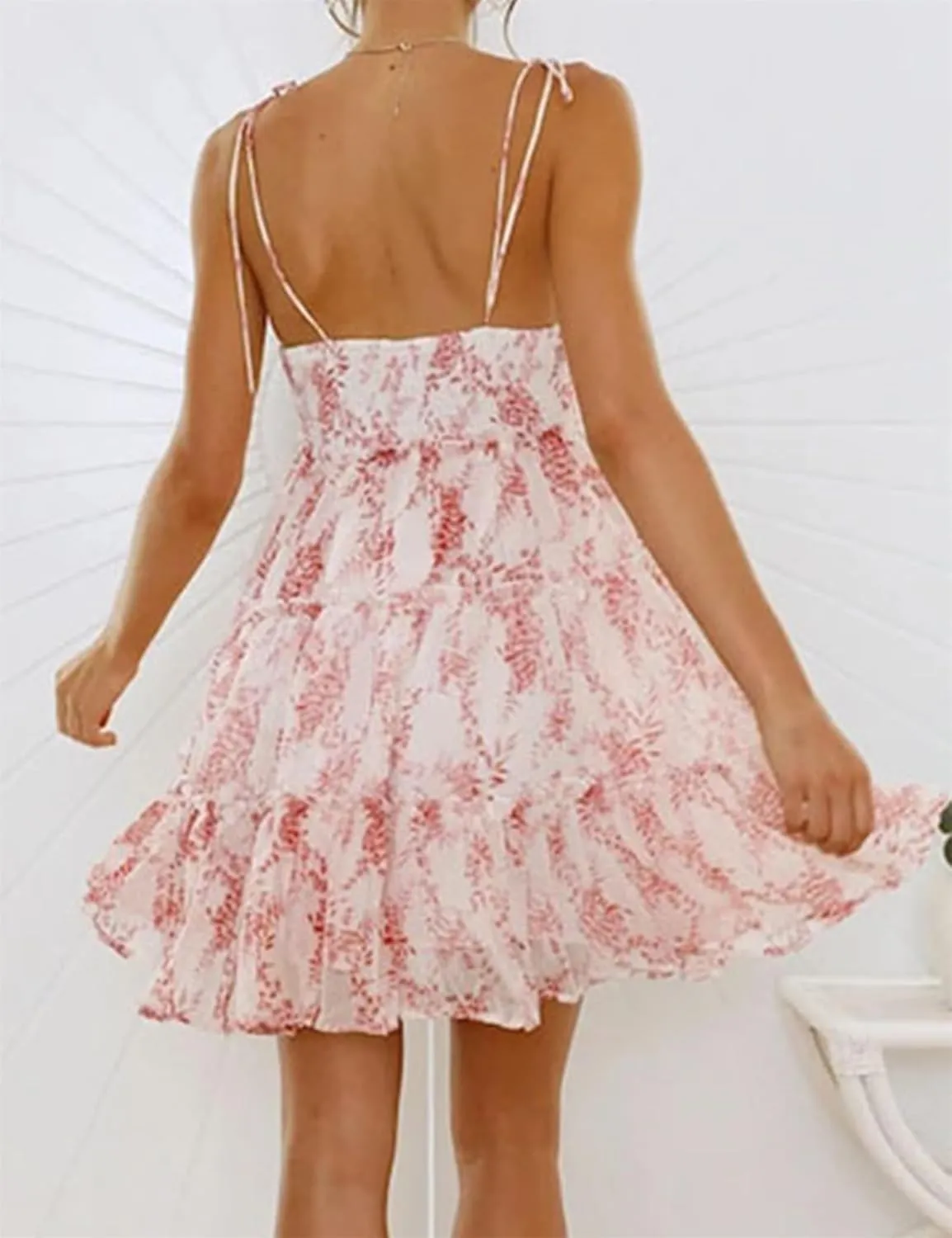 Womens Sleeveless Summer Tiered Mini Dress Spaghetti Strap Floral Smocked Beach Dress Boho Ruffle Skater Dress