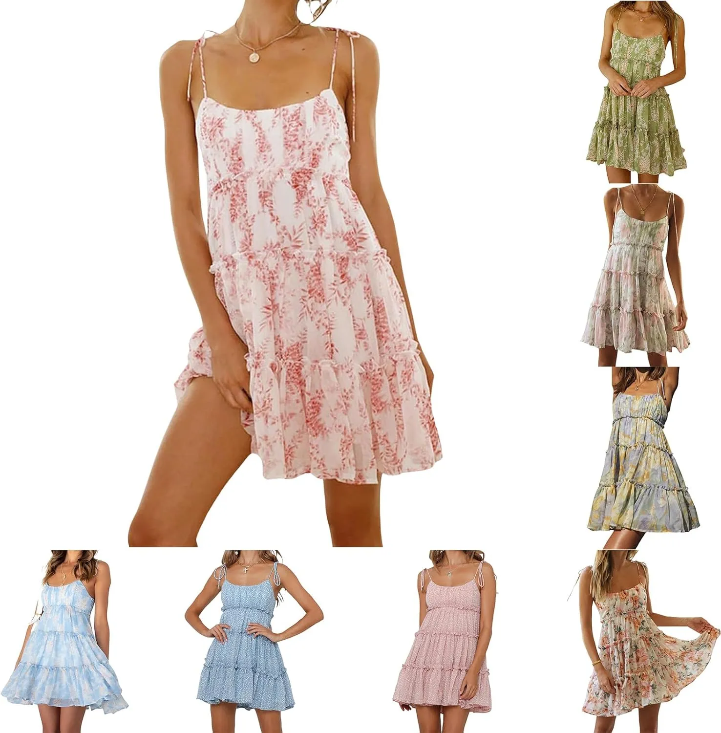 Womens Sleeveless Summer Tiered Mini Dress Spaghetti Strap Floral Smocked Beach Dress Boho Ruffle Skater Dress