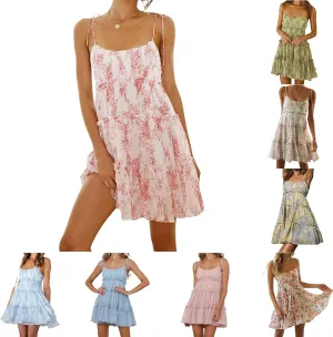 Womens Sleeveless Summer Tiered Mini Dress Spaghetti Strap Floral Smocked Beach Dress Boho Ruffle Skater Dress