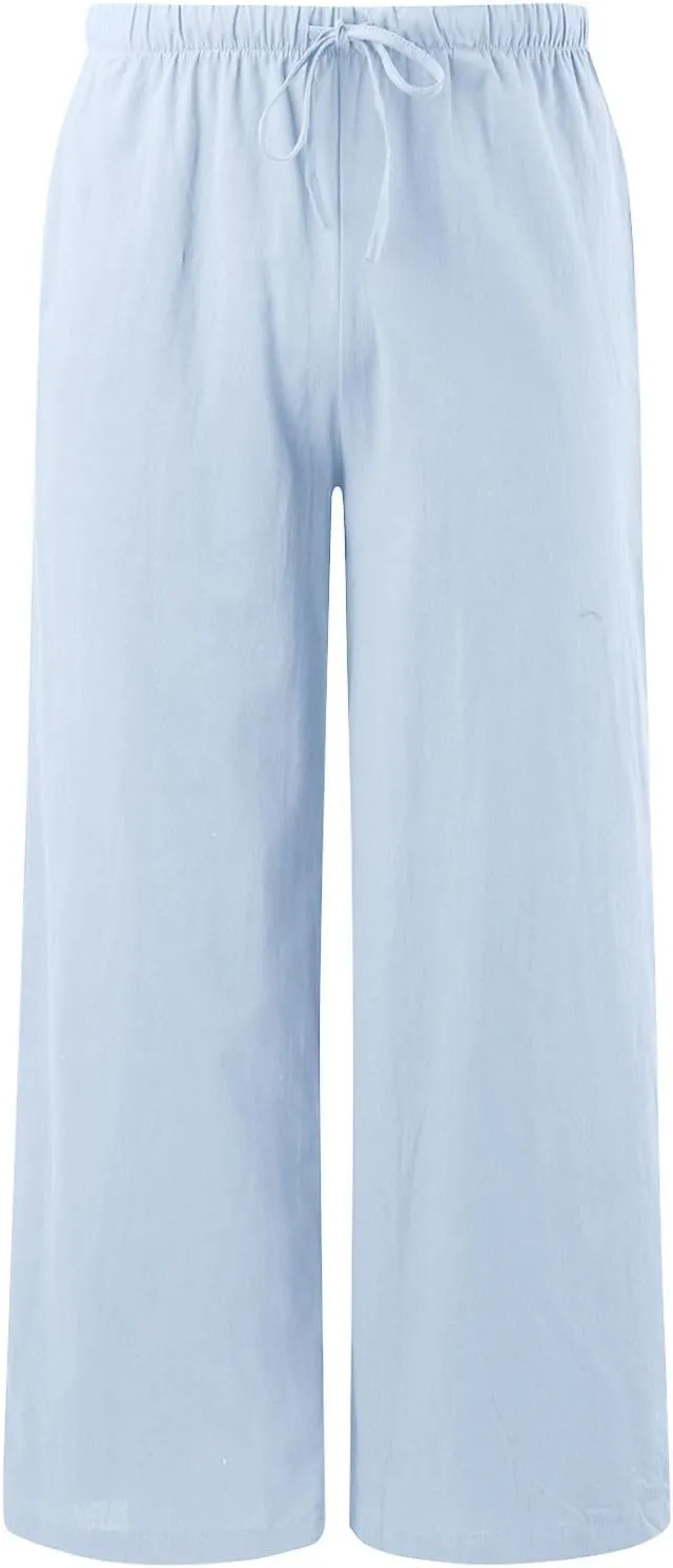 Women's Solid Color Linen Pants Summer Palazzo Pants Elastic Waist Drawstring Baggy Wide Leg Trousers with