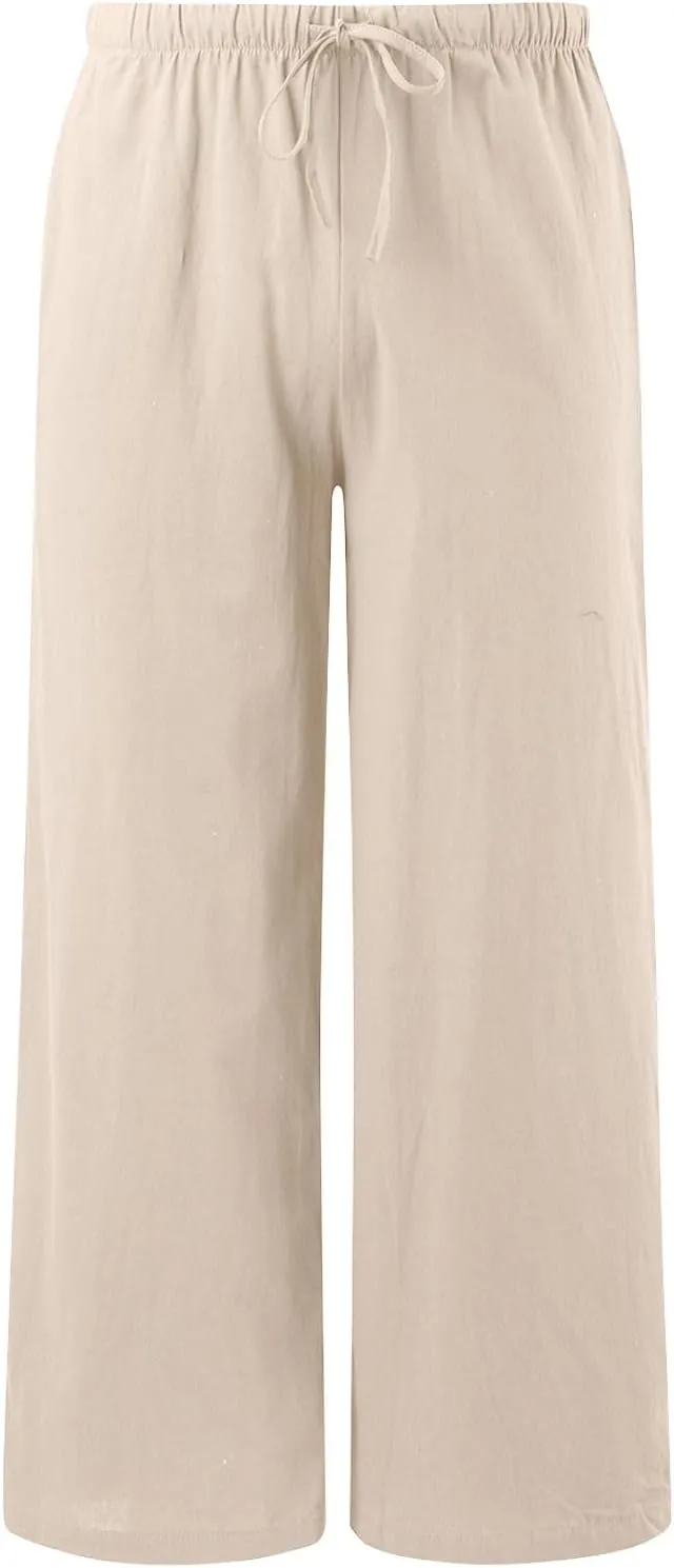 Women's Solid Color Linen Pants Summer Palazzo Pants Elastic Waist Drawstring Baggy Wide Leg Trousers with
